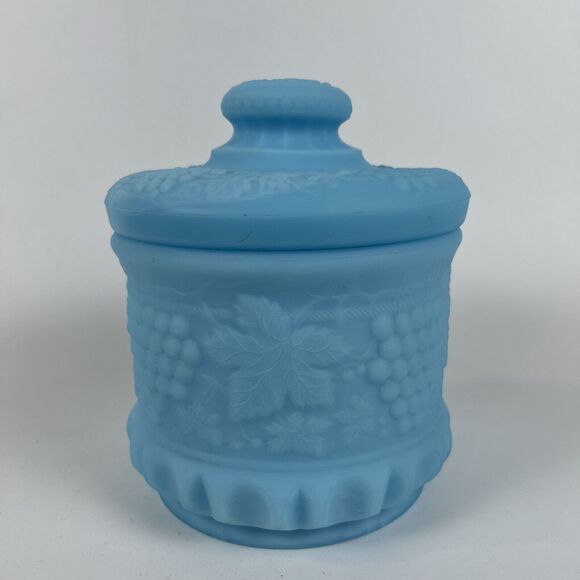 vintage glass tobacco jars Vintage‎ Fenton Grape & Cable Blue Slag Glass Tobacco Jar With Lid